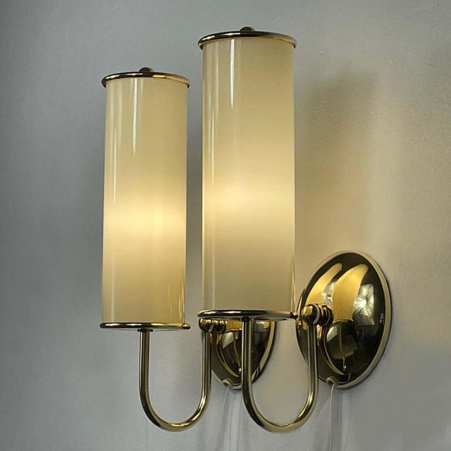 Art Deco Tubular Opaline Glass & Brass Sconces, Germany, 1930s, Set of 2 For Sale - Image 6 of 15