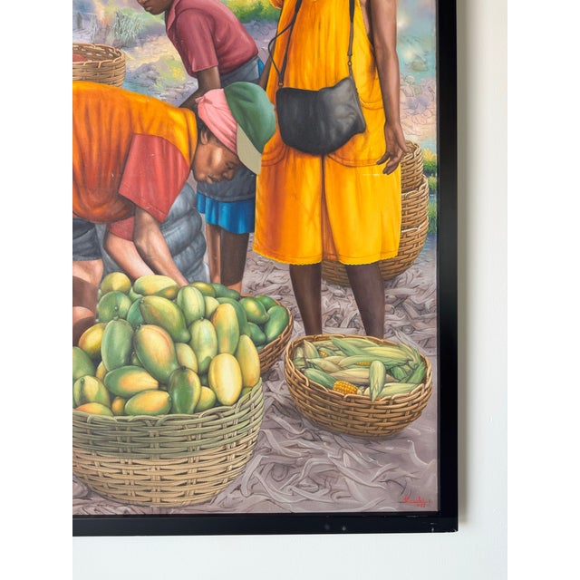 Wood Large - 2019 “Fruit Market Vendors” Haitian Folk Art OilOn Canvas Painting by Horestal E. For Sale - Image 7 of 12