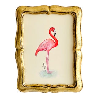 Original Hand-Painted Flamingo Painting Framed in a Vintage Italian Frame For Sale