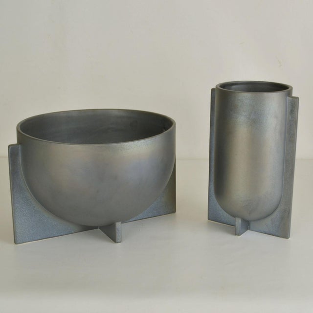 Ceramic Modern Sculptural Ceramic Vases in Metallic Grey Glaze, 2010s For Sale - Image 7 of 8