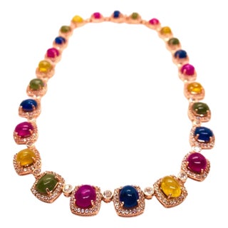 Bochic “Capri” Vintage Ruby & Sapphire Necklace Set In 18K Gold & Silver For Sale
