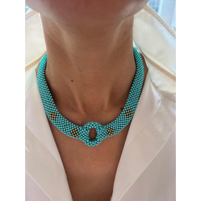 Teal Blue Turquoise Round Fancy Beads Unique Choker 14k Gold Statement Necklace For Sale - Image 10 of 10