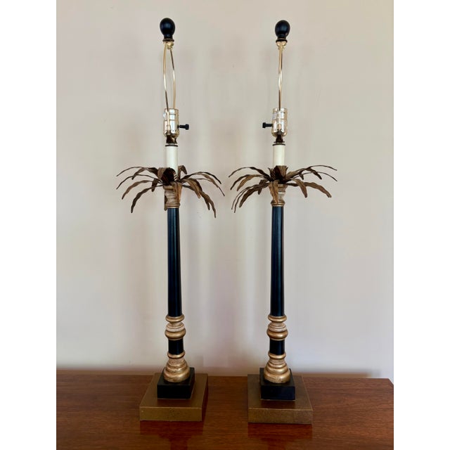 Late 20th Century Hollywood Regency Neoclassical Palm Tree Motif Buffet Lamps in Black and Gold - a Pair For Sale - Image 12 of 12