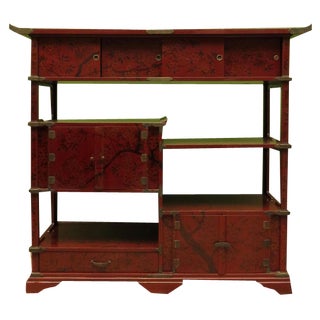 Japanese Red Lacquered Shodana Cabinet with Cherry Blossoms, 1880s For Sale