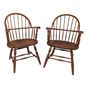 Pair of Antique Oak Sack Back Windsor Armchairs 19th Century