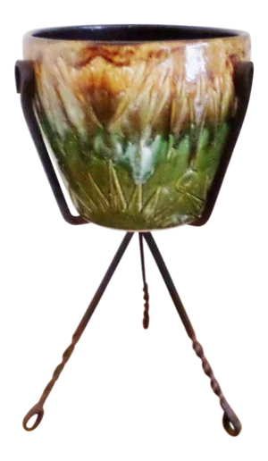 Antique Roseville Arts and Craft Pottery Planter in Cast Iron Tripod Stand