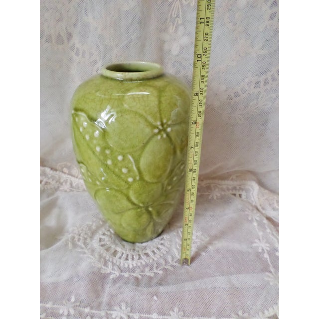 Antique Arts & Craft Rookwood Green Embossed Flower Design Vase For Sale - Image 9 of 9
