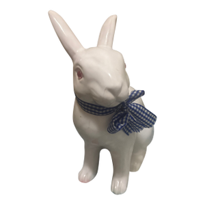 Vintage Sigma Tastesetter White Porcelain Bunny Figurine - Pink Eyes & Blue Gingham Bow