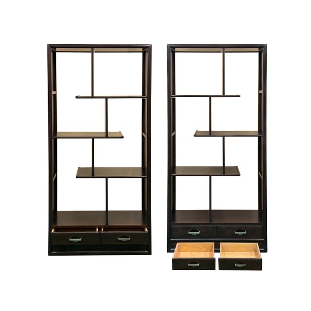 Asian Pair Asian Inspired Asymmetrical Dark Brown Shelving Display Cabinet Divider For Sale - Image 3 of 14