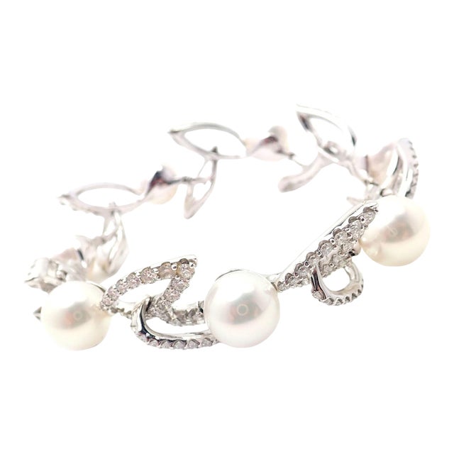 Mikimoto 18k White Gold 7ct Diamond 12mm Pearl Bracelet For Sale