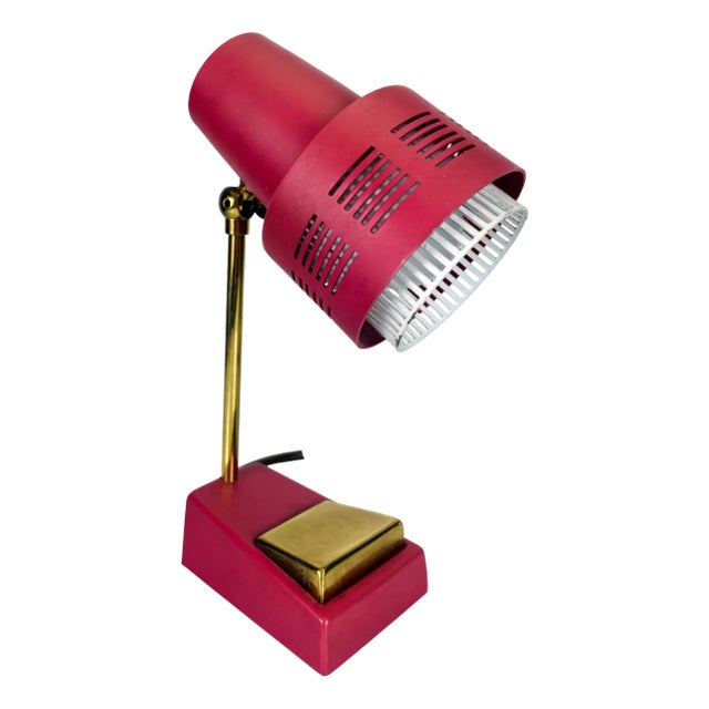 Mid-Century Modern Table Lamp with Red Shade and Brass Base, 1960s For Sale