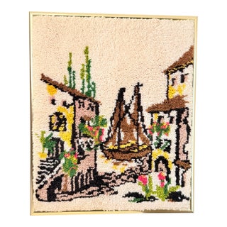 Large-Scale Vintage Wool Rya Textile Art — Mediterranean Harbor Village, Hand-Worked Fiber Wall Piece For Sale