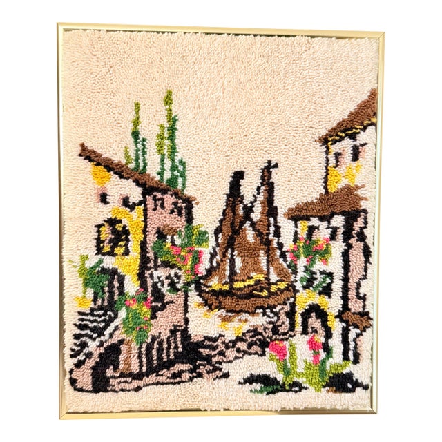 Large-Scale Vintage Wool Rya Textile Art — Mediterranean Harbor Village, Hand-Worked Fiber Wall Piece For Sale