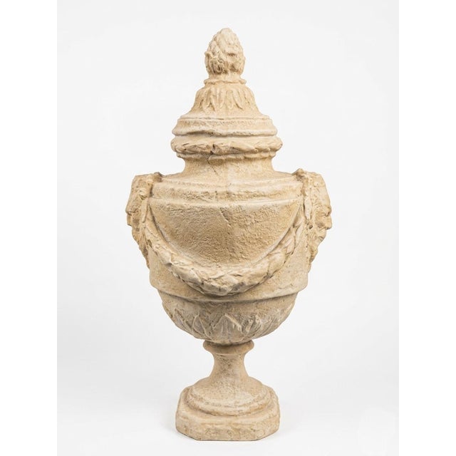 Pair of Grand Neoclassical Resin Garden Urns With Garlands and Lion Masques For Sale - Image 4 of 8