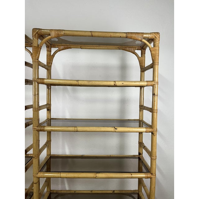 Boho Chic Italian Bamboo and Wicker Bookcases with Glass Shelves, 1970s, Set of 2 For Sale - Image 3 of 9