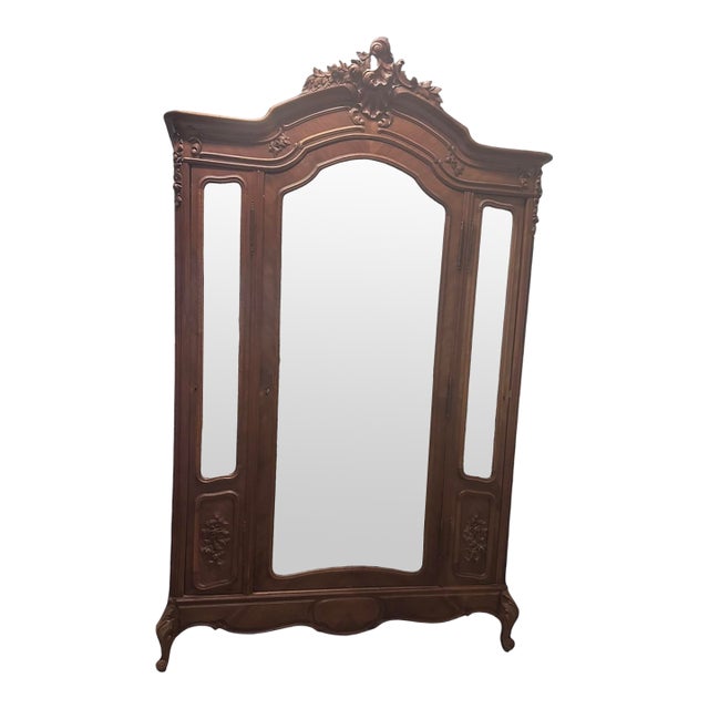 19th Century French Louis XV Walnut Wood Armoire Mirror Three Antique For Sale