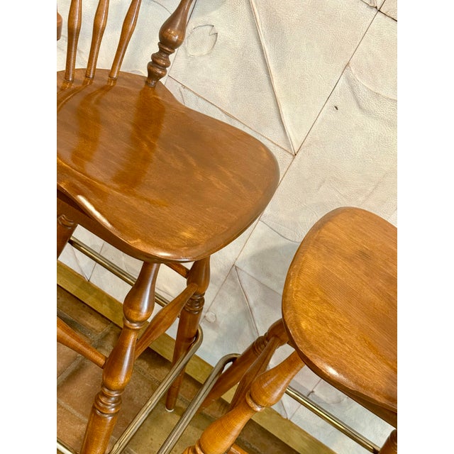 Brown Vintage Ethan Allen Heirloom Nutmeg Maple Colonial Early American Pub Style Swivel Barstool With Metal Footrest- A Pair For Sale - Image 8 of 12
