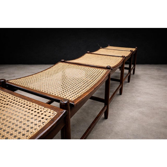 Wood Brazilian Rosewood and Cane Four Seat Bench With Ivory Boucle Cushions, Brazil, 1960s For Sale - Image 7 of 13