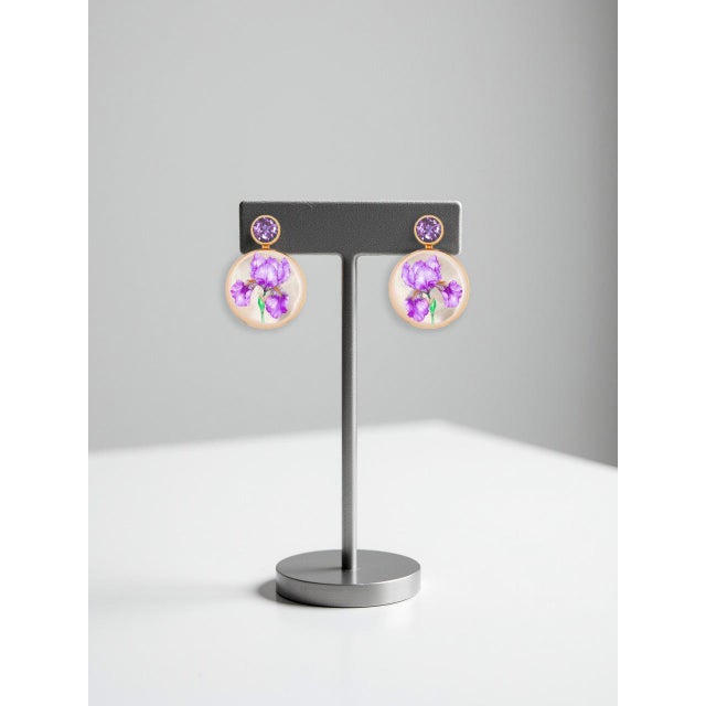 Mother of Pearl Shell Stud Earrings With Amethyst and Iris Flower Painting, A Pair For Sale - Image 4 of 6