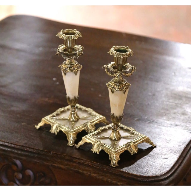 Pair of 19th Century French Napoleon III Bronze and Marble Candlesticks For Sale - Image 4 of 5