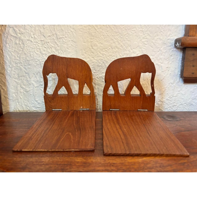 Wood Vintage Wooden Carved Elephant Bookend Pair For Sale - Image 7 of 8