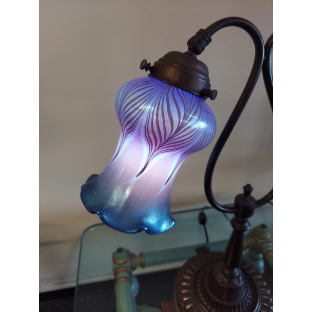 Art Nouveau Antique Early 20th Century the Beginning Bronze Table Lamp With Quezel Shades For Sale - Image 3 of 12