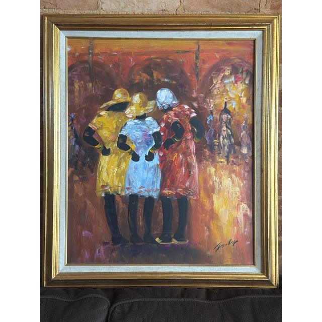 1980s "The Gathering" Signed Vibrant Vintage Mid-Century Impressionist Oil on Canvas Painting For Sale - Image 9 of 11