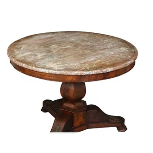Elegant 19C French Empire center table with polished marble top and carved hardwood pedestal base, showcasing timeless...