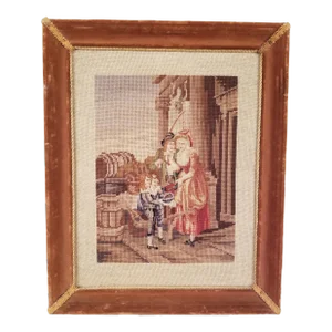 Antique Velvet Framed Petit Point Needlepoint of 18th Century Scene