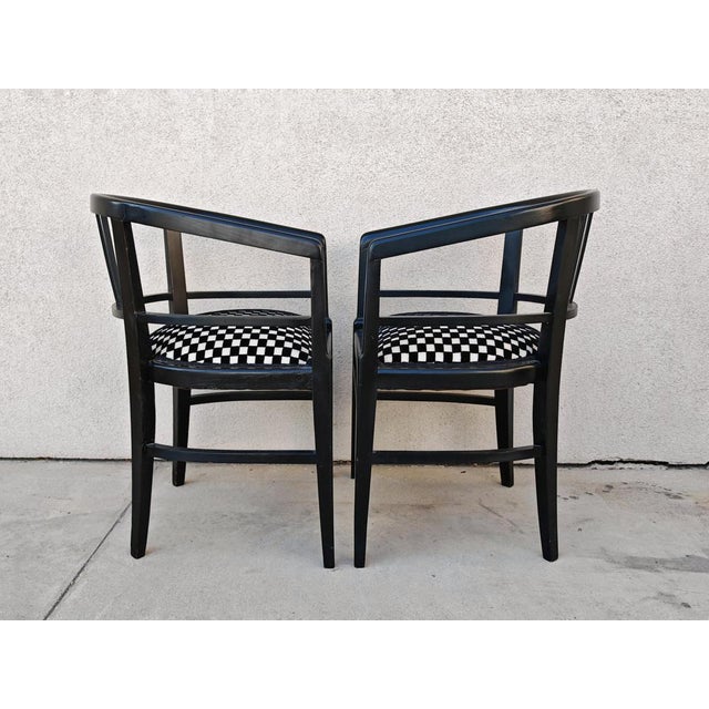 Jugendstil Armchairs in Black Lacquer and Chess Pattern Upholstery, 1890s, Set of 2 For Sale - Image 4 of 12