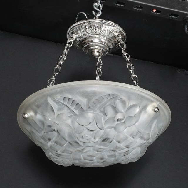 Art Deco Frosted Glass Floral Cubist Chandelier W/ Chrome Fittings Signed Degué For Sale - Image 9 of 18
