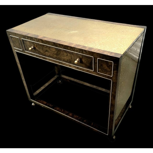 Mid-Century Modern Mid 20th Century Mastercraft Drop-Leaf Amboyna Burl and Textured Brass Bar Cart For Sale - Image 3 of 12