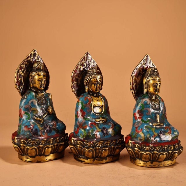 Set of 3 Antique Chinese Gilt Cloisonné Buddhist Triad Statues For Sale - Image 9 of 9
