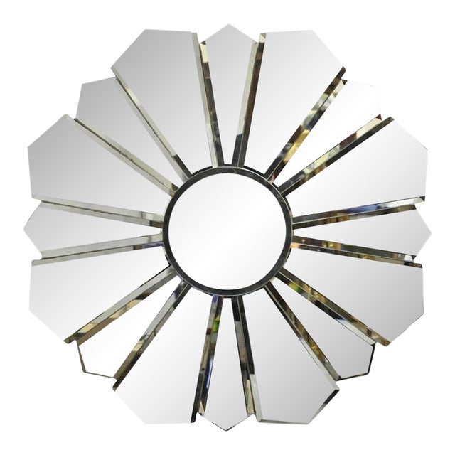 Vintage Hollywood Regency Beveled Glass Sunburst Flower Petal Wall Mirror For Sale
