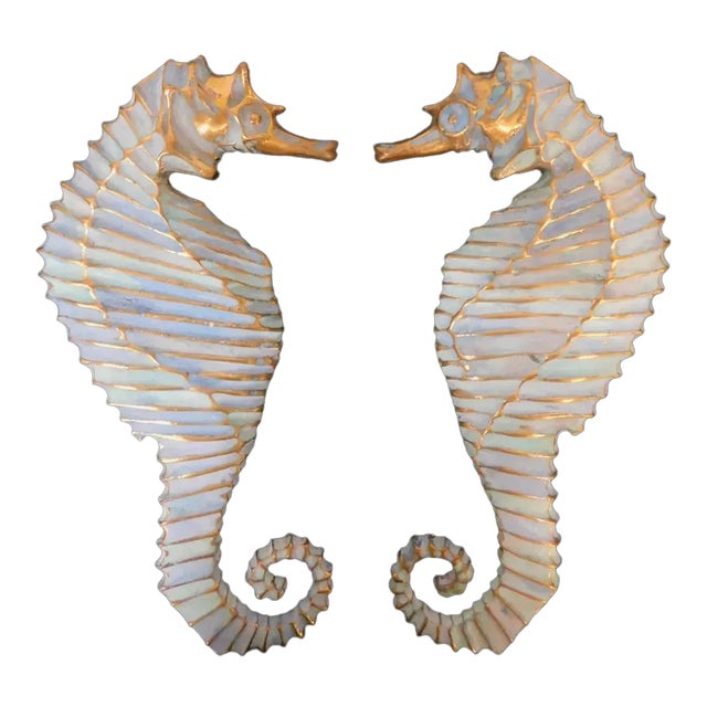 Pair of 1950s Pepe Mendoza Enameled Bronze Large Seahorse Door Handles Pulls For Sale