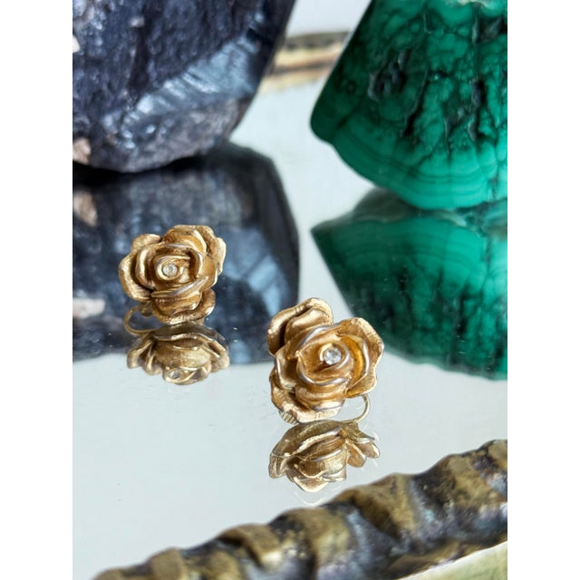 Metal Vintage Mid-Century Gold Toned Sculptural Rose Clip on Earrings, 1950s, A Pair For Sale - Image 7 of 10