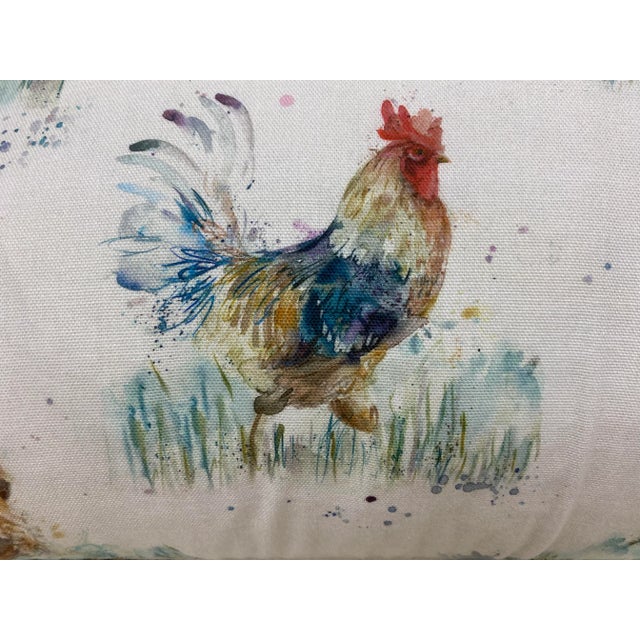 Early 21st Century Large Bolster Pillow Decorated With a Yard Full of Water Color-Look Roosters & Hens/Chickens - Made in Uk. For Sale - Image 5 of 11
