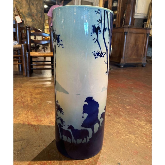French Mid 20th Century Mid-Century French Blue & White Painted Porcelain Umbrella Stand For Sale - Image 3 of 9