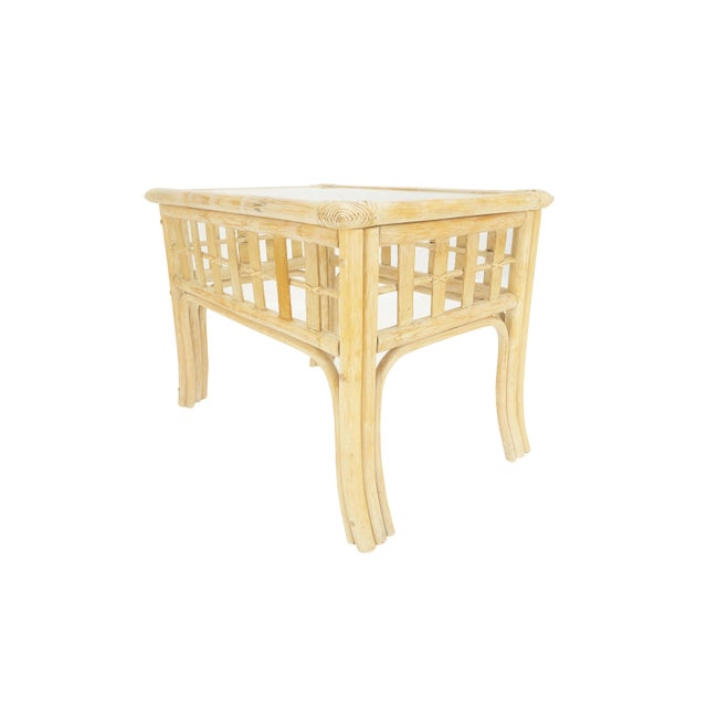 Mid 20th Century Pair of White Wash Pickle Finish Rattan Rectangle Glass Top End Side Tables MINT For Sale - Image 5 of 12