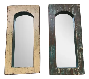 Vintage Indian Archway Painted Teak Mirrors- A Pair