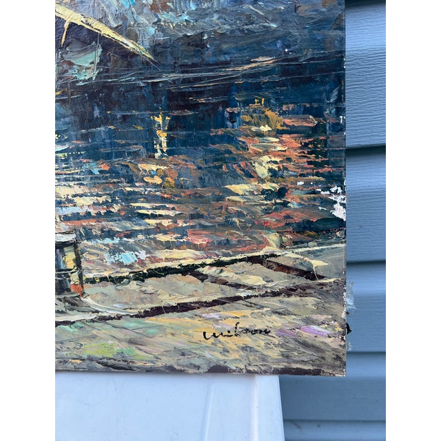 French Mid Century Impressionist Painting of Boat Harbor Signed For Sale - Image 3 of 5