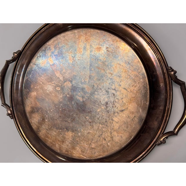 Metal Silverplate Engraved Round Handled Tray, Vintage For Sale - Image 7 of 12