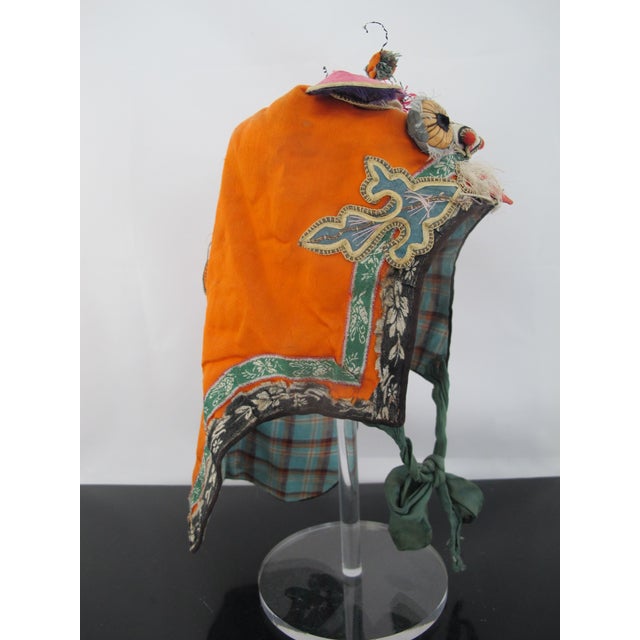 Antique Chinese Elaborate Silk Embroidered Dragon Tiger Flower Antenna Baby Hat For Sale - Image 4 of 8
