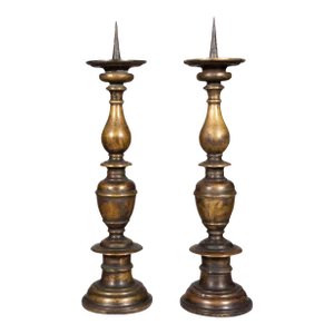Large Flemish Bronze Pricket Sticks - a Pair