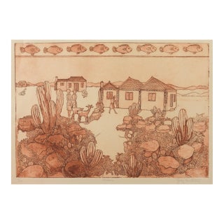 Late 20th Century Sepia Aruba Village Etching For Sale