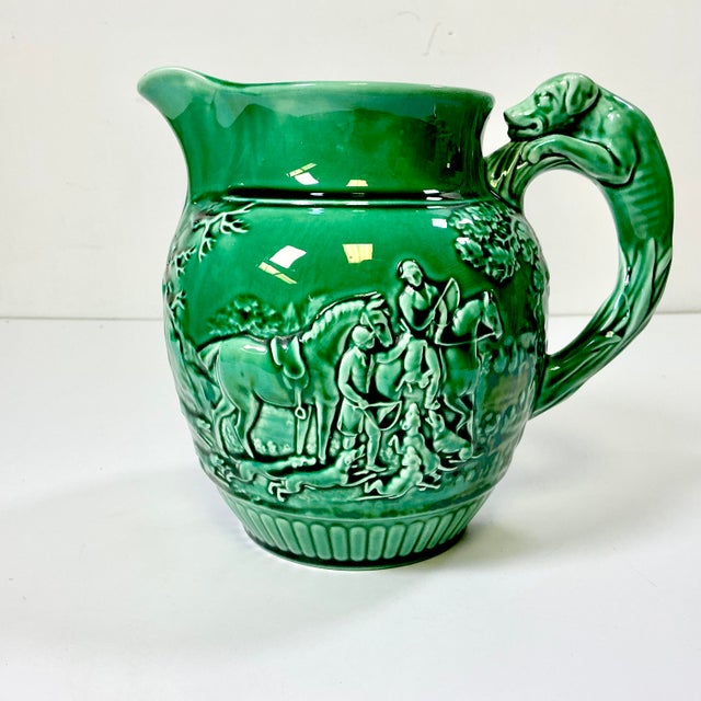 English 1930s Vintage Boho Chic English Rustic European Wedgwood Majolica Hunting Motif Pitcher For Sale - Image 3 of 16