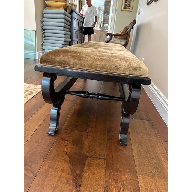 2010s Drexel Heritage Custom Upholstered Dark Wood Bench For Sale - Image 5 of 12