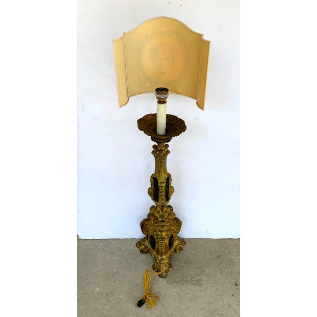 Baroque 19th Century Italian Bronze Altar Candlestick, Custom Shade, Now Electrified For Sale - Image 3 of 11