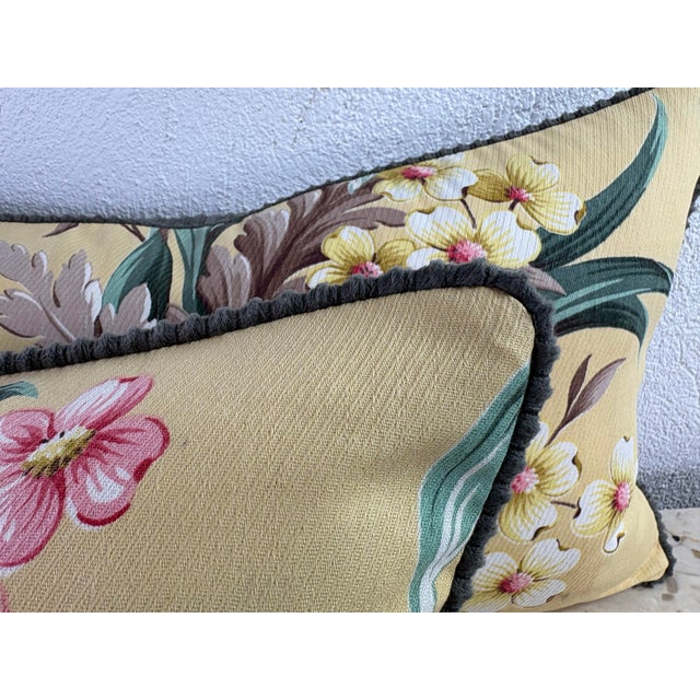 This is a pair of vibrant early 20th century broadcloth floral pillows. This broad cloth fabric was hand loomed in America...