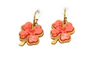 Chanel Orange Resin Four Leaf Clover Yellow Gold Tone Metal Dangle Earrings - 2 Pieces